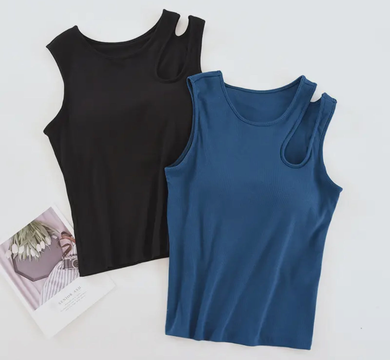 Rib Knit Built-In-Bra Tank Top with Shoulder Cut Out